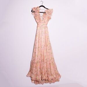 Mac Duggal Floral Chiffon V Neck Sleeveless Ruffle Shoulder Side Cut Out Gown 4